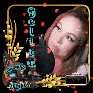 a picture of a woman in front of a microphone with the name gelita at the top