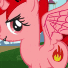 a pink pony with red wings and a fire tattoo