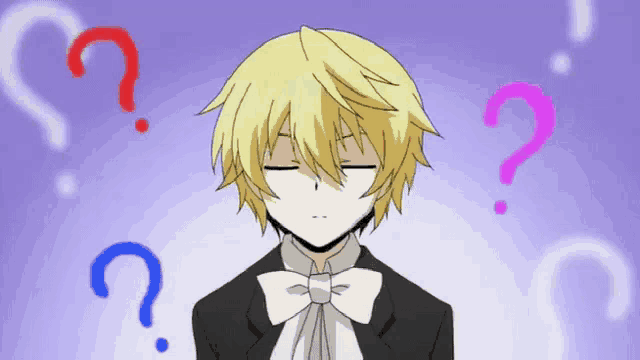 a cartoon character with a bow tie and question marks around him