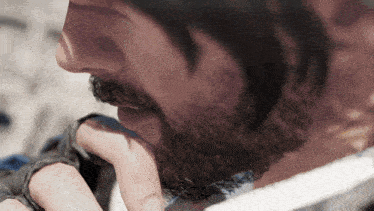 a close up of a man 's face with his hand on his chin