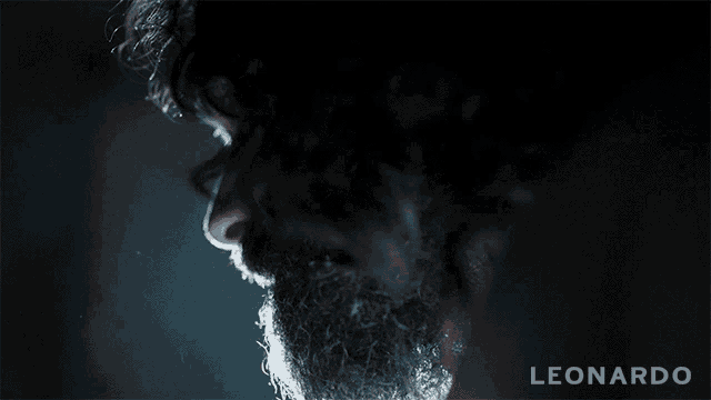 a close up of a man 's face with the name leonardo on the bottom right