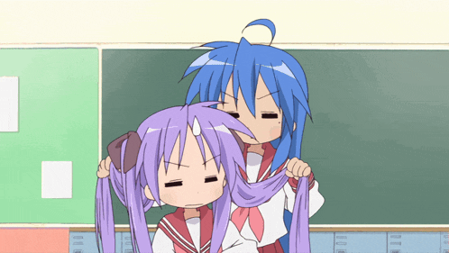 two anime girls with purple hair are standing next to each other in front of a blackboard