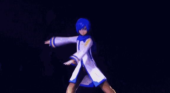 a blue and white anime character is dancing on a stage in the dark .
