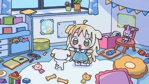 a cartoon drawing of a girl playing with a dog in a messy room