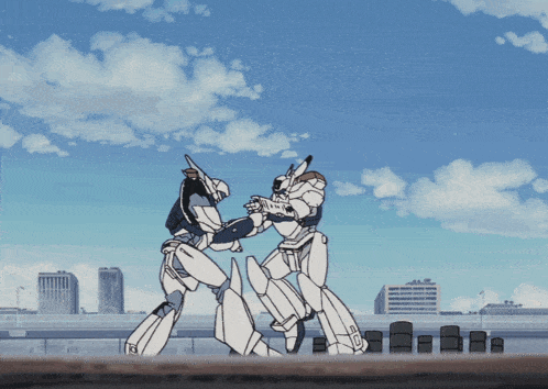 two robots are fighting in front of a blue sky with clouds and buildings in the background