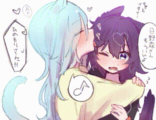a girl is kissing another girl on the cheek in a drawing