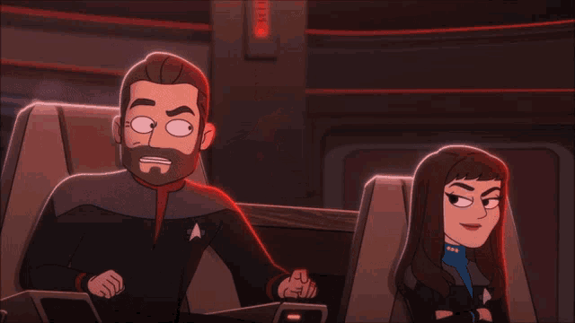 a cartoon of a man and a woman on a space ship