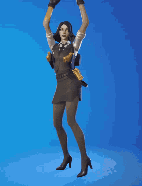 a woman in a black dress and high heels is standing on a blue background