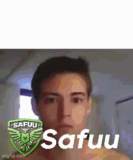 a man without a shirt is taking a selfie with the words safuu on the bottom of his face .