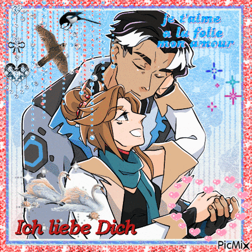 a picture of a man hugging a woman with ich liebe dich written on it