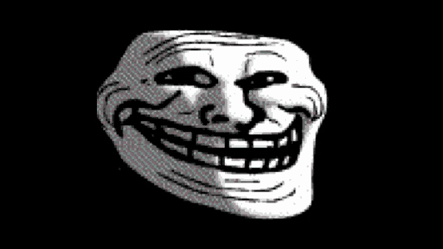 a black and white drawing of a troll face smiling .