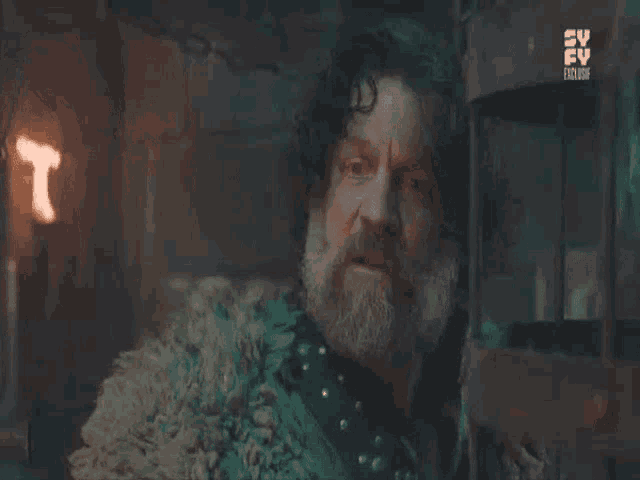 a man with a beard and a fur coat is on a tv show called ev