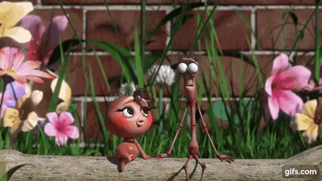 a couple of cartoon ants standing next to each other on a log .