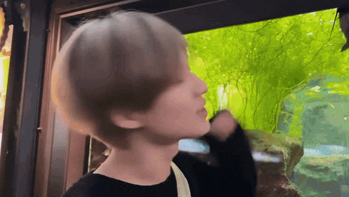 a person standing in front of a window looking out
