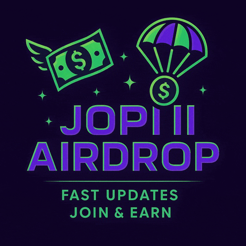 a logo for jopii airdrop with a dollar bill flying through the air