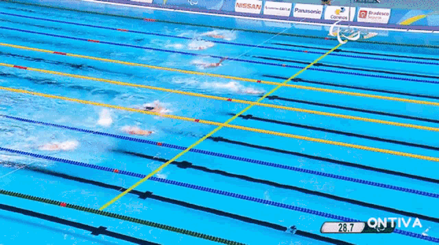 a swimming pool sponsored by nissan and panasonic is shown