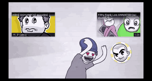 a cartoon of a man standing in front of a screen that says ' h3h3 animated '