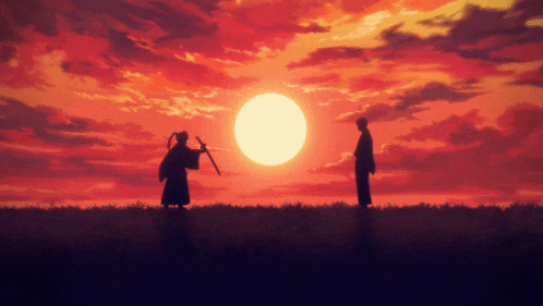 a man holding a sword stands next to another man in front of a large sun