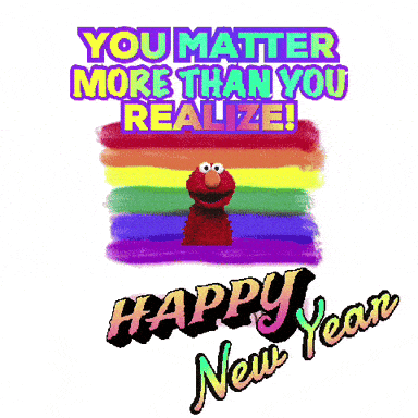 a happy new year greeting card with elmo and a rainbow background