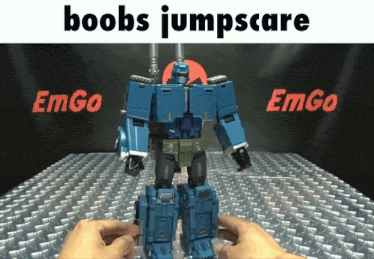 a blue robot with the words boobs jumpscare on the bottom