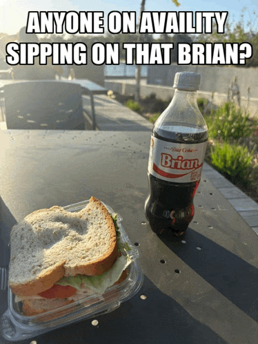 a sandwich and a bottle of brian coke on a table
