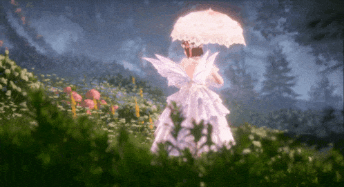 a woman in a white dress holding a pink umbrella