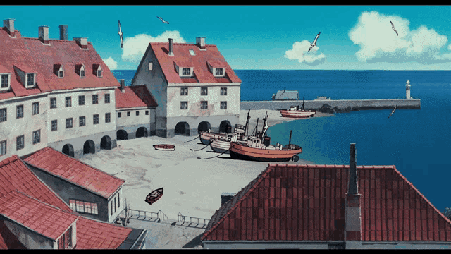 a painting of a harbor with boats in it
