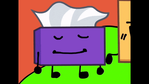 a purple box of tissues with its eyes closed and a smile on its face