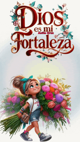 an illustration of a girl holding a bouquet of flowers with the words dios es mi fortaleza in the background