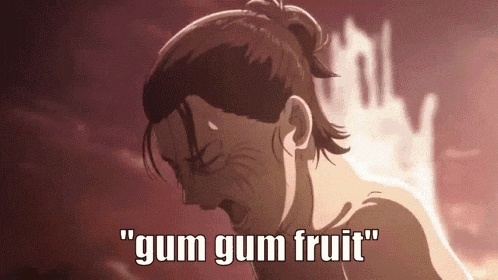 a cartoon character is screaming with the words " gum gum fruit " written on the bottom .