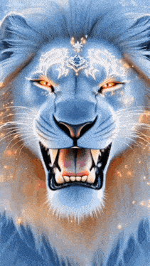 a close up of a lion 's face with its mouth open and glowing eyes .