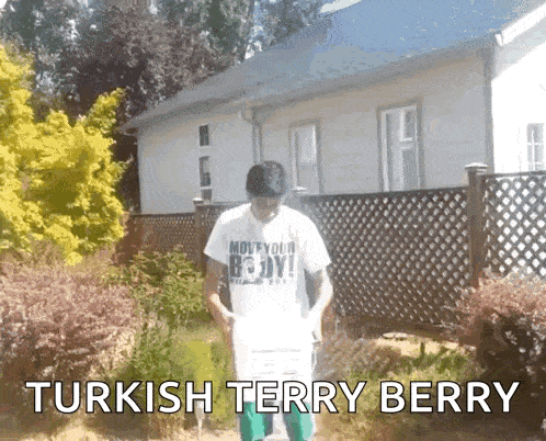 a man standing in front of a house with the words turkish terry berry on the bottom