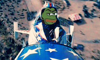 a cartoon of a frog wearing a helmet is riding a blue and white vehicle