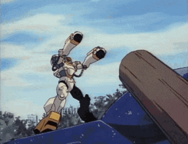 a robot is standing on top of a blue object in a cartoon