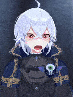 a girl with white hair and red eyes is wearing a black and gold dress