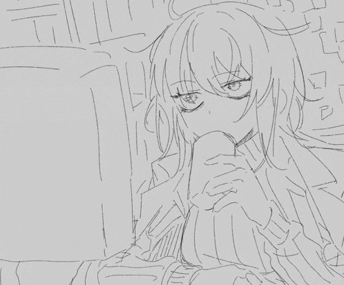 a black and white drawing of a girl with long hair eating a sandwich .