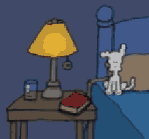 a cartoon of a dog standing on a bed next to a lamp