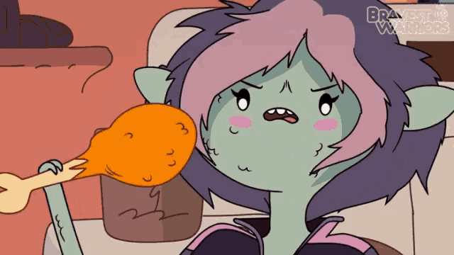 a cartoon character from bravest warriors is eating a piece of chicken