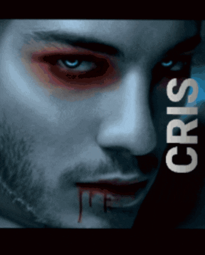 a close up of a man 's face with the name cris written on the bottom