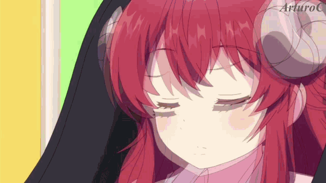 a girl with red hair and horns has the name arturo on the bottom right corner