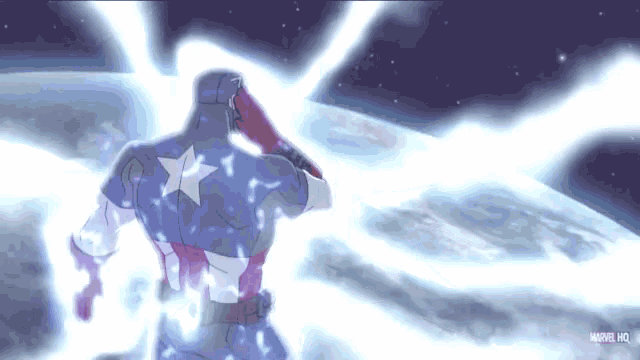 captain america is surrounded by lightning and says marvel hq on the bottom