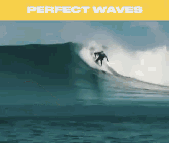 a surfer is riding a wave with the words perfect waves behind him