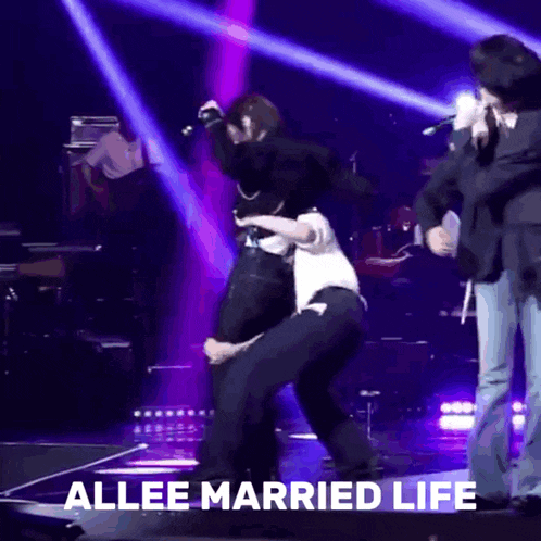 a group of people dancing on a stage with the words " allee married life " written on the bottom