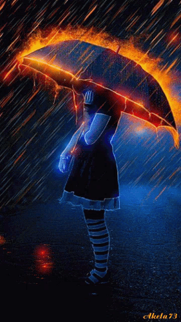 a girl holding a fire umbrella in the rain with akela 73 written on the bottom