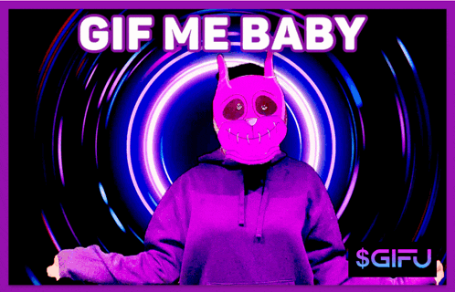a person wearing a purple hoodie and a pink mask with the words " gif me baby " on the bottom