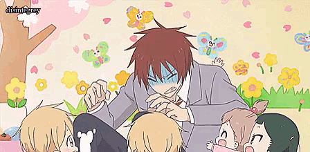 a man in a suit is surrounded by a group of children and flowers with the words disintegray below him