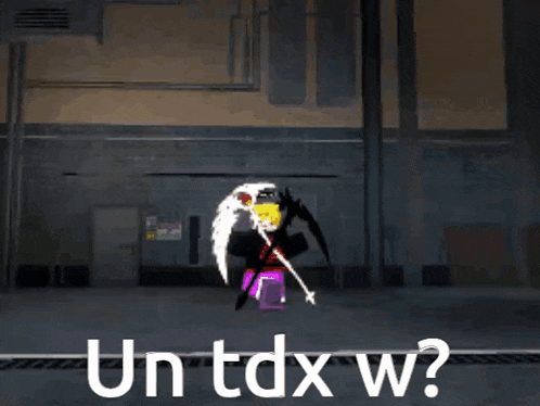 a cartoon character is standing in a dark room with the words " un tdx w " written in white