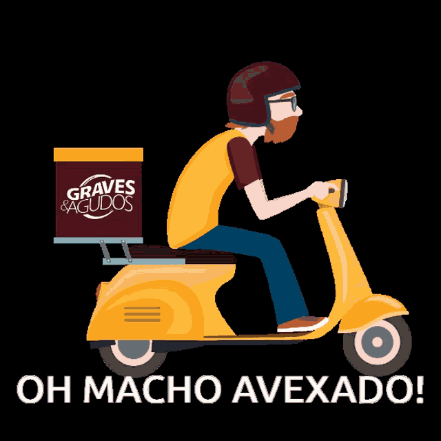 a man is riding a scooter with a box on the back that says graves & agudos