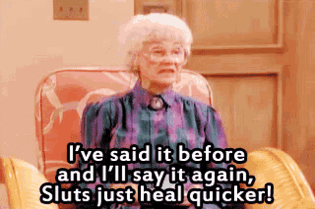 an older woman is sitting in a chair and saying i 've said it before
