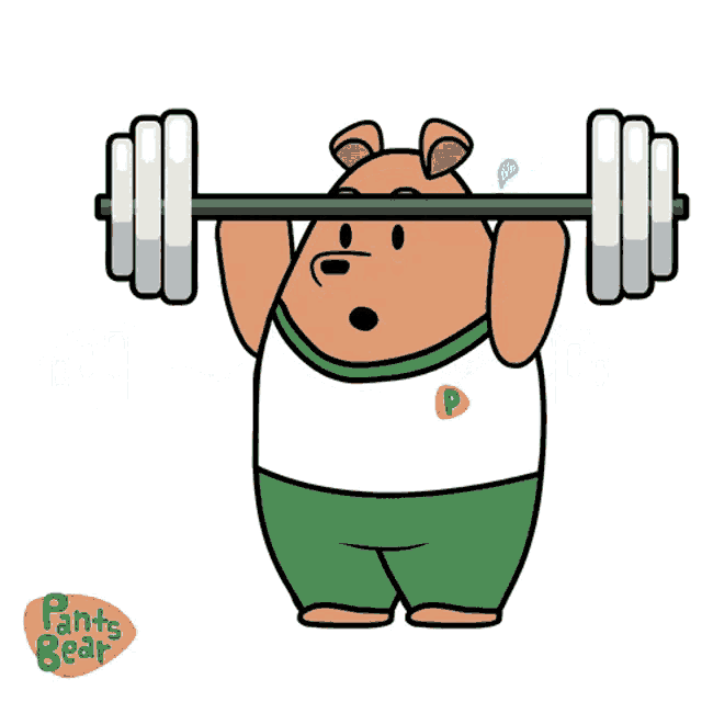 a pants bear cartoon character is lifting a barbell over his head